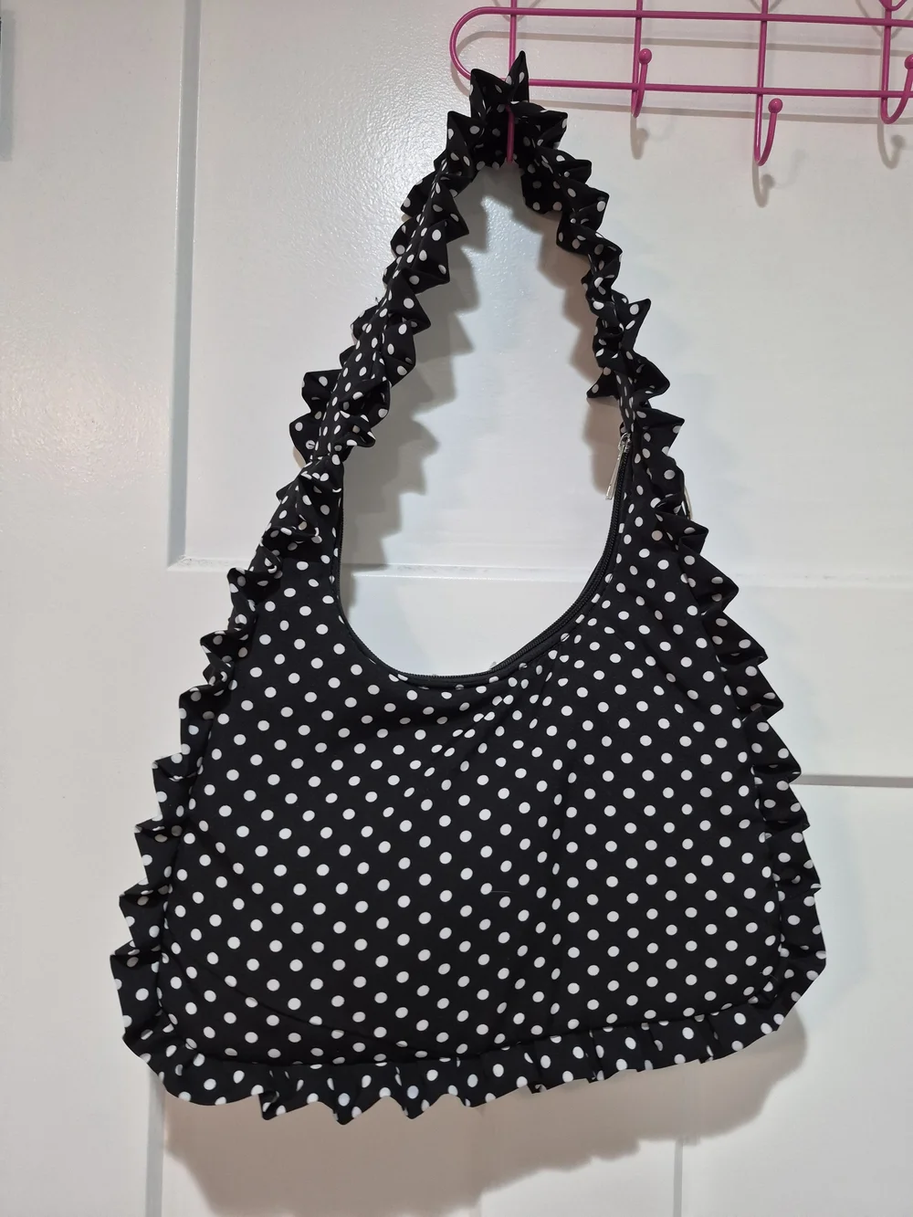 Polka Dot Ruffle Shoulder Bag in Black & White